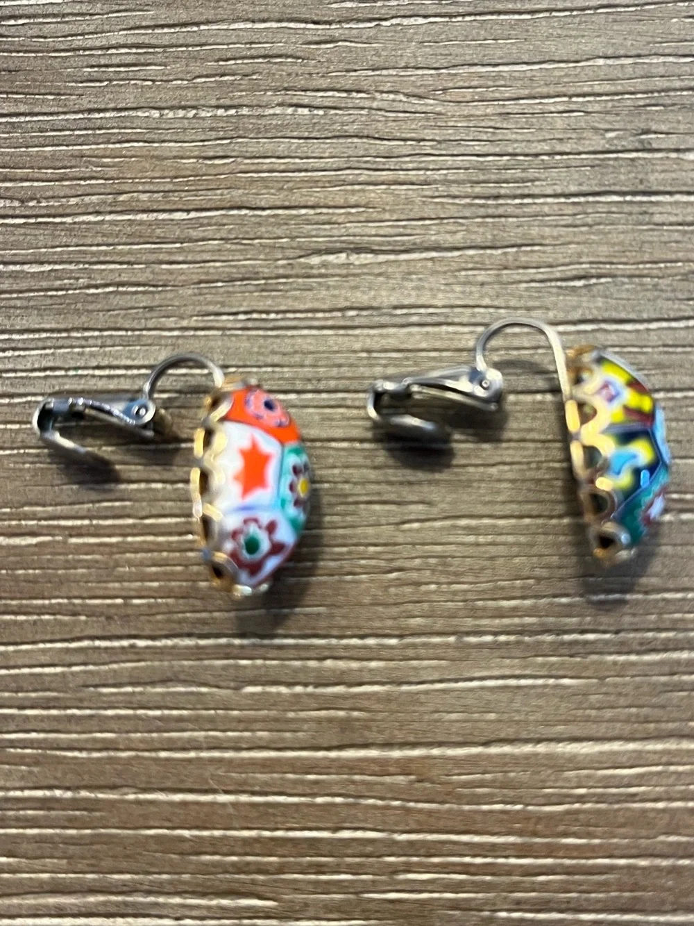 Vintage Multicolor Millefiori Floral Oval Clip-On Earrings